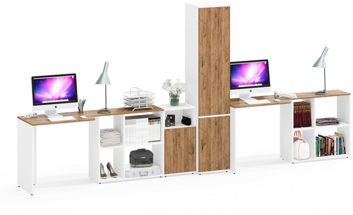 Лидер-8 Стол + Стол + Пенал МД 22Б + Тумба МД 3.19, цвет белый шагрень/крафт золото, ШхГхВ 410х50/37,5х75/190 или 230х160/50х75/190 см., НЕ ун. сб.