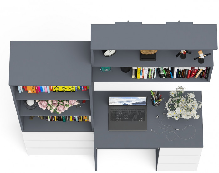 Мори Стол компьютерный МС-6 правый + Стеллаж МСТ600.3 + Полка 900, цвет графит/белый, ШхГхВ 150,4х50х209,6 см., НЕ универсальная сборка