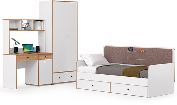 Вуди Компоновка № 38, цвет белый премиум/дуб крафт золотой/саванна латте, сп. м. 900х2000 мм., б/м, основание есть, матрас высотой до 200 мм.