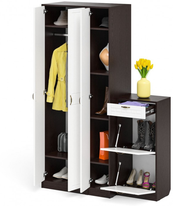 Прихожая П-6 Компоновка № 48, цвет венге/фасады МДФ белое дерево фрезеровка прованс, ШхГхВ 140х50х210 см., универсальная сборка