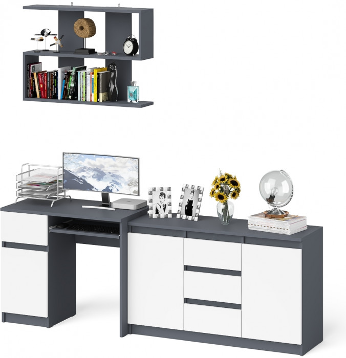 Мори Стол компьютерный МС-1 левый + Комод МК1200.3 + Полка 900, цвет графит/белый, ШхГхВ 210,4х50х209,6 см., НЕ универсальная сборка