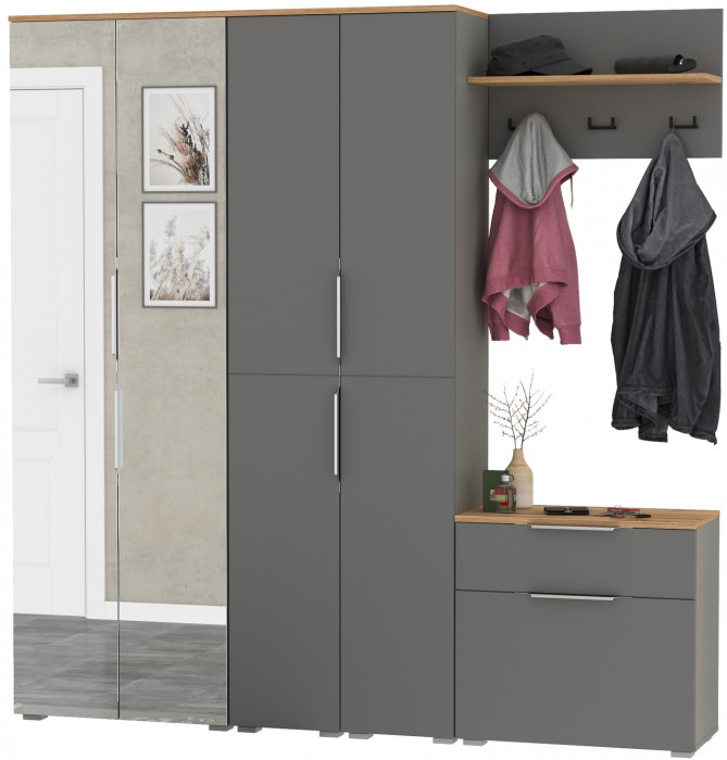 Октава Прихожая 29, цвет серый графит/дуб крафт золотой/фасады МДФ серый графит, ШхГхВ 193,7х35,4х197,6 см., универсальная сборка
