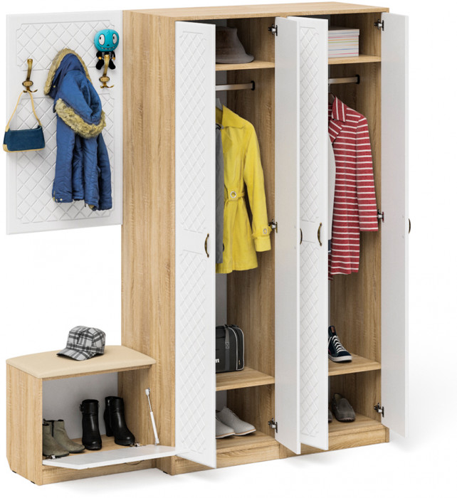 Прихожая П-6 Компоновка № 09, дуб сонома/фасады МДФ белое дерево фрезеровка ромб