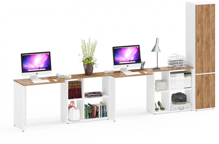 Лидер-8 Стол + Стол + Пенал МД 22Б, цвет белый шагрень/крафт золото, ШхГхВ 370х50/37,5х75/190 или 230х120/50х75/190 см., НЕ универсальная сборка