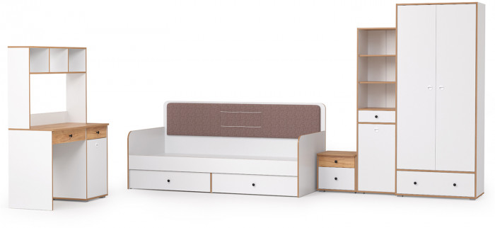 Вуди Компоновка № 39, цвет белый премиум/дуб крафт золотой/саванна латте, сп. м. 900х2000 мм., б/м, основание есть, матрас высотой до 200 мм.