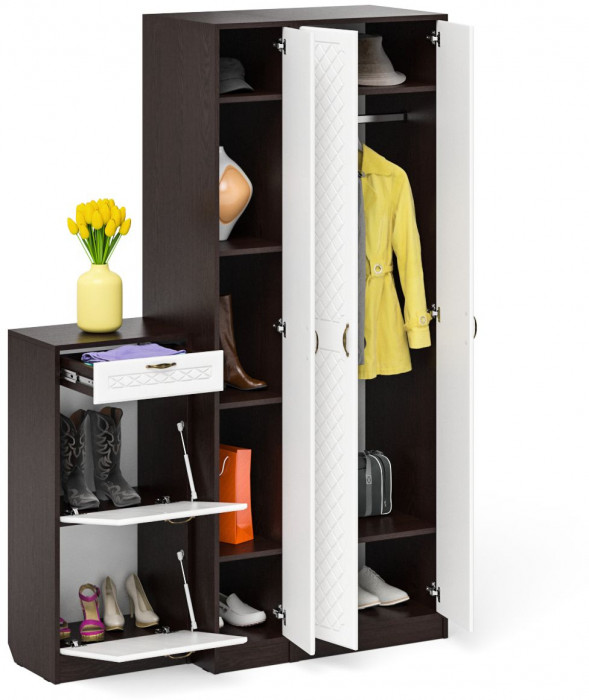 Прихожая П-6 Компоновка № 48, цвет венге/фасады МДФ белое дерево фрезеровка ромб, ШхГхВ 140х50х210 см., универсальная сборка