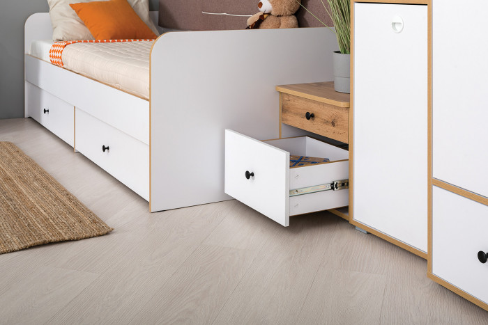 Вуди Компоновка № 40, цвет белый премиум/дуб крафт золотой/саванна латте, сп. м. 900х2000 мм., б/м, основание есть, матрас высотой до 200 мм.