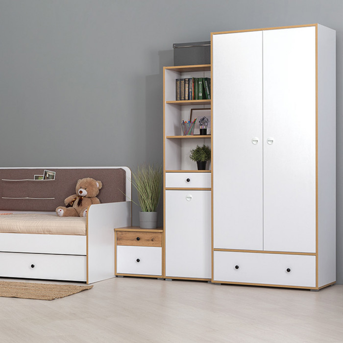 Вуди Компоновка № 40, цвет белый премиум/дуб крафт золотой/саванна латте, сп. м. 900х2000 мм., б/м, основание есть, матрас высотой до 200 мм.