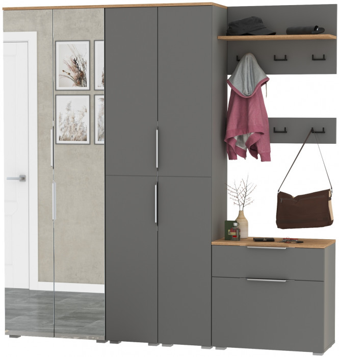 Октава Прихожая 31, цвет серый графит/дуб крафт золотой/фасады МДФ серый графит, ШхГхВ 193,7х35,4х197,6 см., универсальная сборка