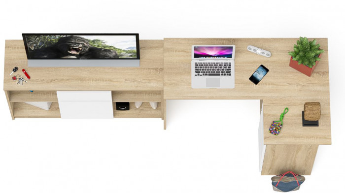 Мори Стол компьютерный МС-16 правый + Тумба МТВ1204.1, цвет дуб сонома/белый, ШхГхВ 244,8х84,9х76,6 см., выдвижные ящики справа, НЕ универс. сборка