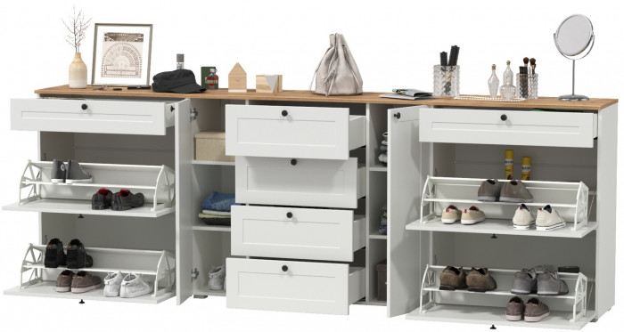 Остин 16.221 Комод + 16.121 Тумба для обуви + 16.121 Тумба для обуви, белый шагрень/дуб крафт золотой