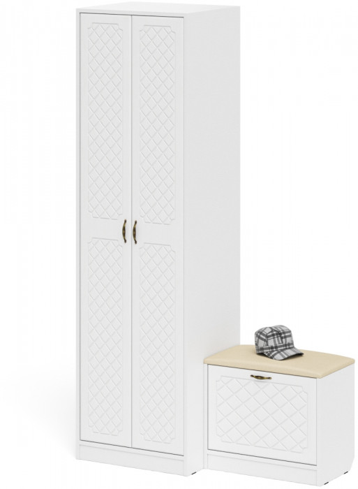 Прихожая П-6 Компоновка № 10, белая шагрень/фасады МДФ белое дерево фрезеровка ромб