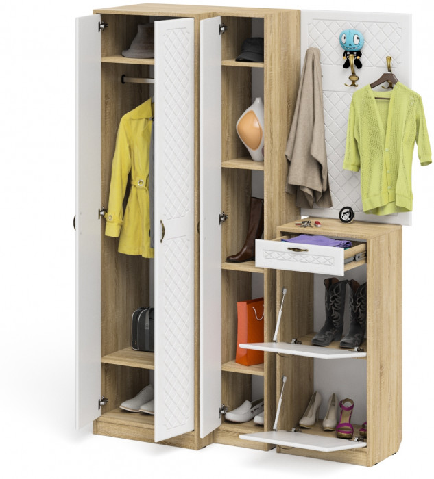 Прихожая П-6 Компоновка № 30, цвет дуб сонома/фасады МДФ белое дерево фрезеровка ромб, ШхГхВ 150х50х210 см., универсальная сборка