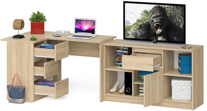 Мори компьютерный стол МС-16 левый + Тумба МТВ1204.1, дуб сонома