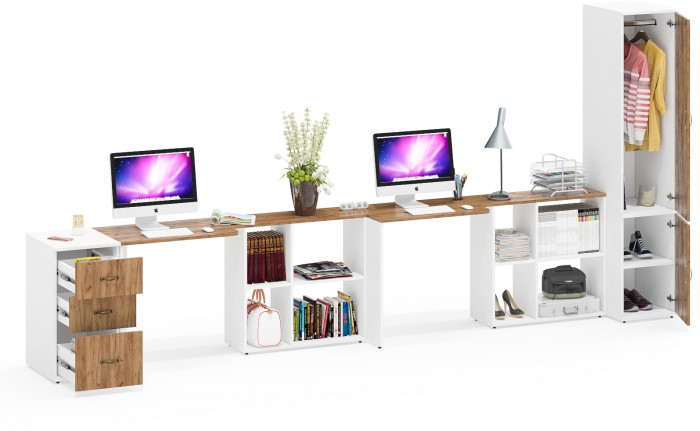 Лидер-8 Стол + Стол + Пенал МД 23Б + Тумба МД 3.16, цвет белый шагрень/крафт золото, ШхГхВ 410х50х75/190 или 270х120/50х75/190 см., НЕ ун. сб.