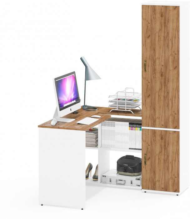 Лидер-8 Стол + Пенал МД 21Б, цвет белый шагрень/крафт золото, ШхГхВ 205х50/37,5х75/190 или 115х50/120х75/190 см., НЕ универсальная сборка