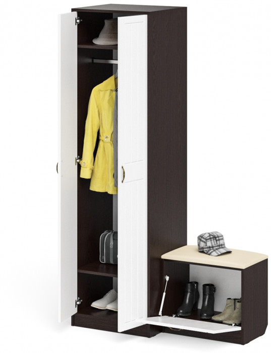 Прихожая П-6 Компоновка № 10, венге/фасады МДФ белое дерево фрезеровка прованс