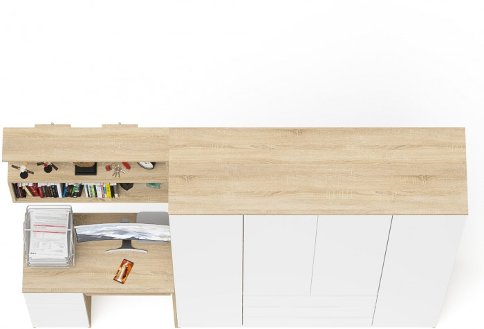 Мори компьютерный стол МС-1 левый + Шкаф МШ1600.1 + Полка 900, дуб сонома/белый