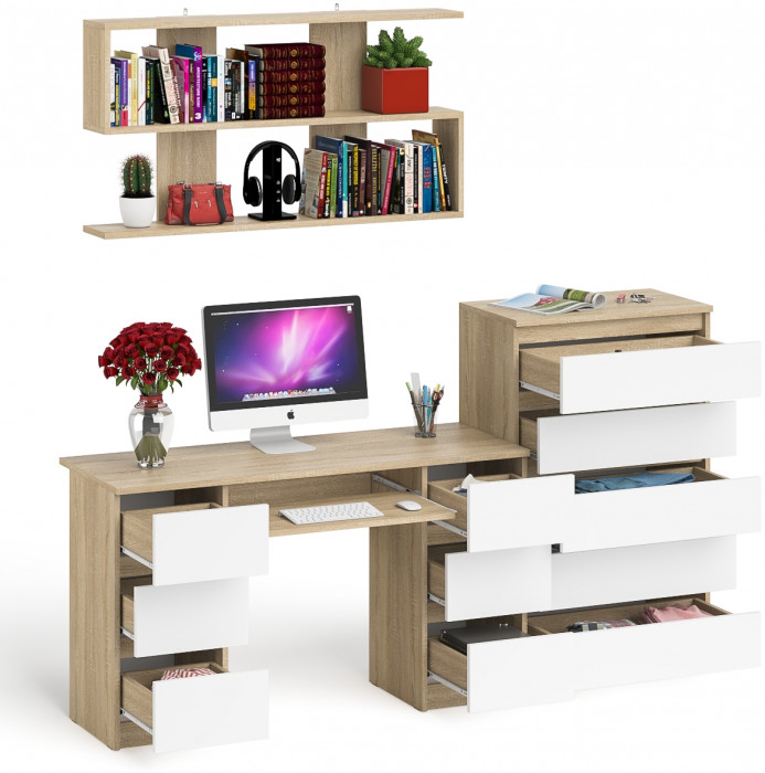Мори компьютерный стол МС-2 + Комод МК700.5 + Полка 1200, дуб сонома/белый