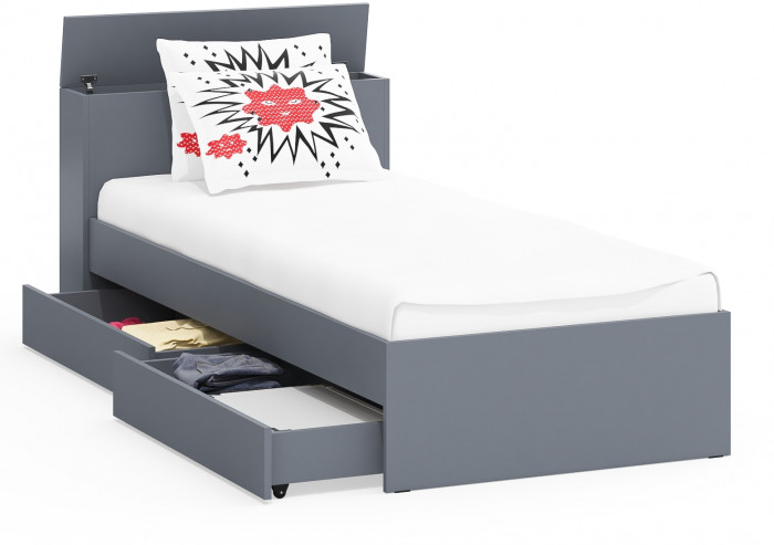 Ксения Кровать с ящиками 0900, цвет графит, ШхГхВ 96,4х221,6х72 см., сп.м. 900х2000 мм., без матраса, основание есть, универсальная сборка