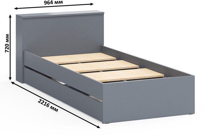 Ксения Кровать с ящиками 0900, цвет графит, ШхГхВ 96,4х221,6х72 см., сп.м. 900х2000 мм., без матраса, основание есть, универсальная сборка