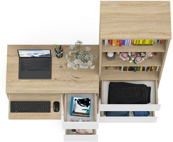 Мори Стол компьютерный МС-6 правый + Стеллаж МСТ600.3, цвет дуб сонома/белый, ШхГхВ 150,4х50х179,6 см., выдвижные ящики справа, НЕ универс. сборка