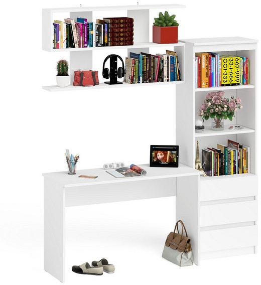 Мори Стол письменный МСП1200.1 + Стеллаж МСТ600.3 + Полка 1200, цвет белый, ШхГхВ 180,8х50х209,6 см., универсальная сборка