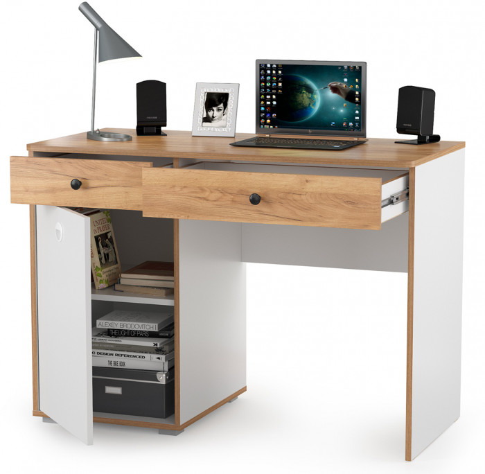 Вуди 12.42 Стол письменный, цвет белый премиум/дуб крафт золотой, ШхГхВ 110х52,7х78,4 см., универсальная сборка