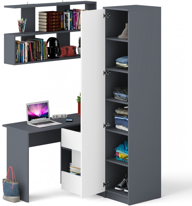 Мори компьютерный стол МС-16 правый + Пенал МШ400.1 + Полка 1200, графит/белый