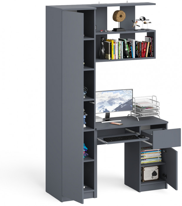 Мори Стол компьютерный МС-1 правый + Пенал МШ400.1 + Полка 900, цвет графит, ШхГхВ 130,4х50,4х209,6 см., НЕ универсальная сборка