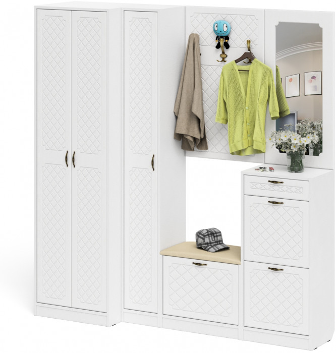 Прихожая П-6 Компоновка № 31, белая шагрень/фасады МДФ белое дерево фрезеровка ромб