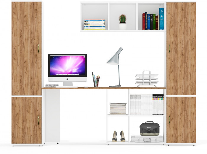 Лидер-8 Пенал МД 23Б + Стол + Полка + Пенал 21Б, белый шагрень/крафт золото