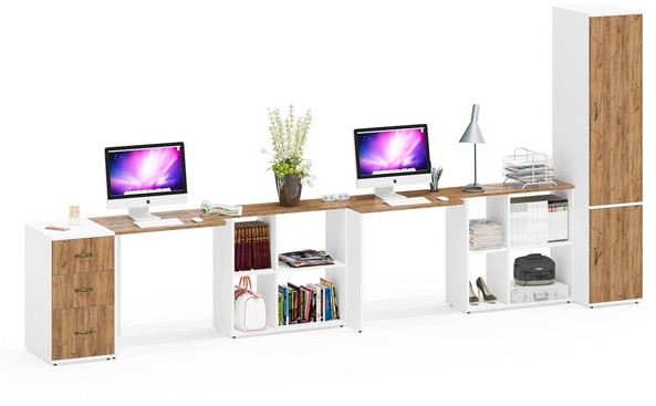 Лидер-8 Стол + Стол + Пенал МД 23Б + Тумба МД 3.16, белый шагрень/крафт золото