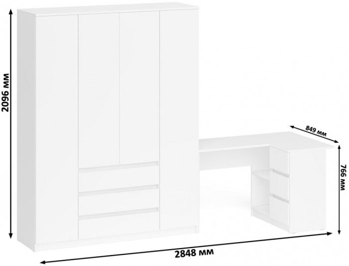 Мори компьютерный стол МС-16 правый + Шкаф МШ1600.1, белый