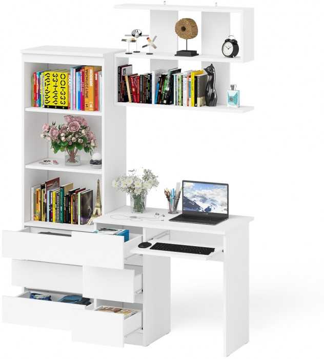 Мори компьютерный стол МС-6 левый + Стеллаж МСТ600.3 + Полка 900, белый