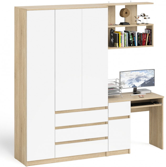 Мори компьютерный стол МС-1 левый + Шкаф МШ1200.1 + Полка 900, дуб сонома/белый
