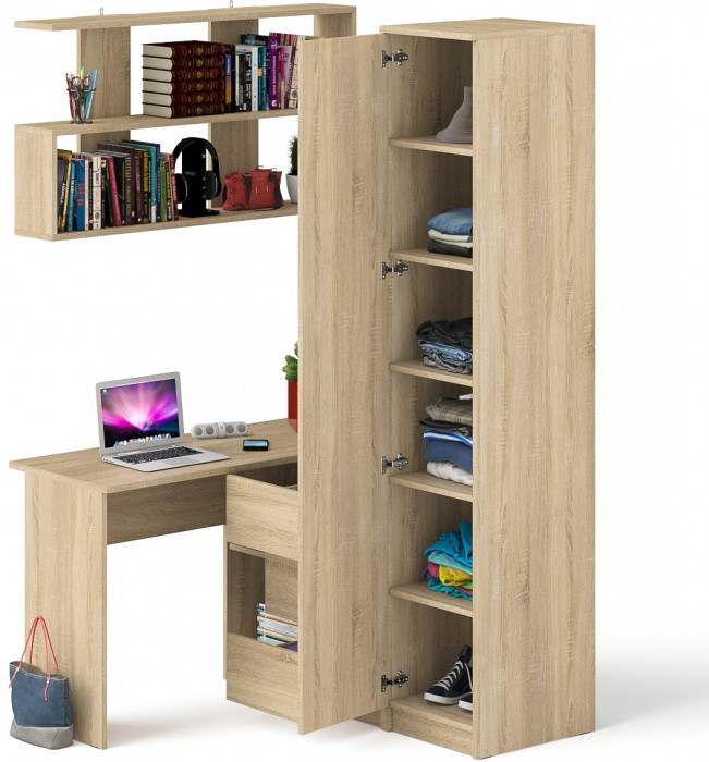 Мори компьютерный стол МС-16 правый + Пенал МШ400.1 + Полка 1200, дуб сонома