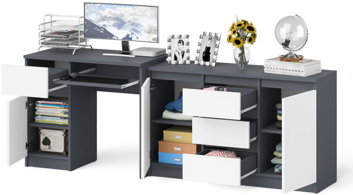 Мори Стол компьютерный МС-1 левый + Комод МК1200.3, цвет графит/белый, ШхГхВ 210,4х50х76,6 см., выдвижной ящик слева, НЕ универсальная сборка