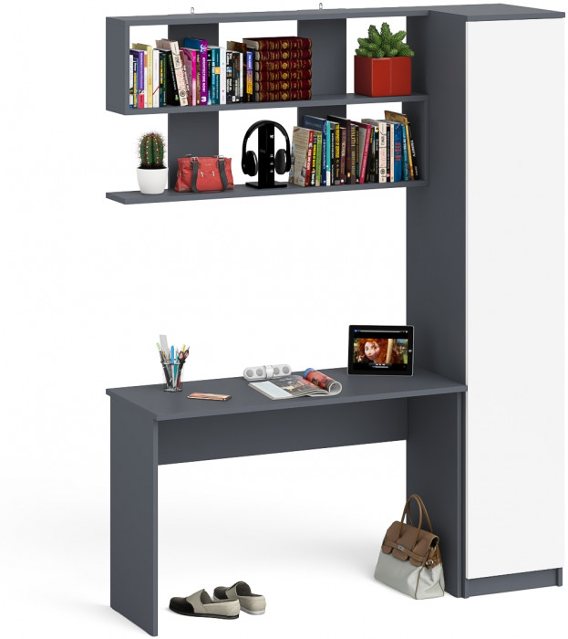 Мори письменный стол МСП1200.1 + Пенал МШ400.1 + Полка 1200, графит/белый