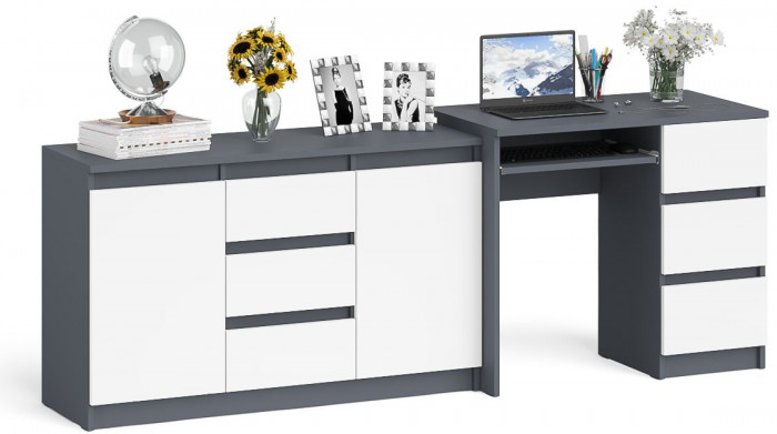 Мори Стол компьютерный МС-6 правый + Комод МК1200.3, цвет графит/белый, ШхГхВ 210,4х50х76,6 см., выдвижные ящики справа, НЕ универсальная сборка