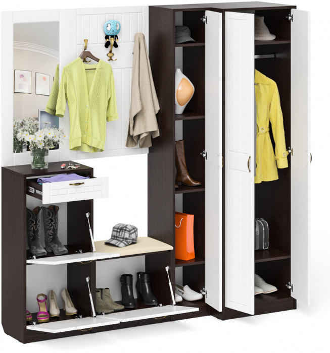 Прихожая П-6 Компоновка № 31, венге/фасады МДФ белое дерево фрезеровка прованс