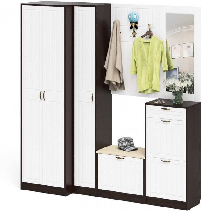 Прихожая П-6 Компоновка № 31, венге/фасады МДФ белое дерево фрезеровка прованс