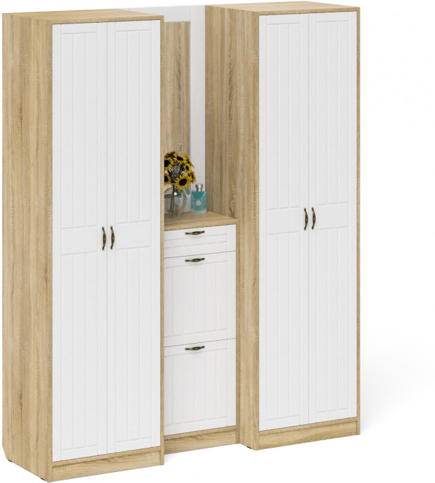 Прихожая П-6 Компоновка № 14, цвет дуб сонома/фасады МДФ белое дерево фрезеровка прованс, ШхГхВ 170х50х210 см., универсальная сборка