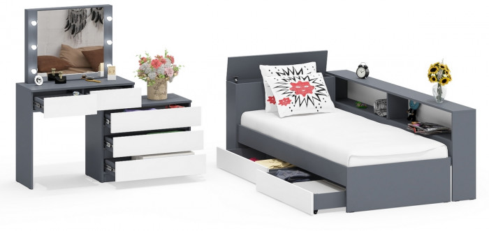 Ксения Кровать с ящиками 0900 + прикроватный блок + Столик с подсветкой 110, графит/белый