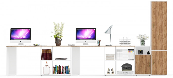 Лидер-8 Стол + Стол + Пенал МД 23Б + Тумба МД 3.19, белый шагрень/крафт золото