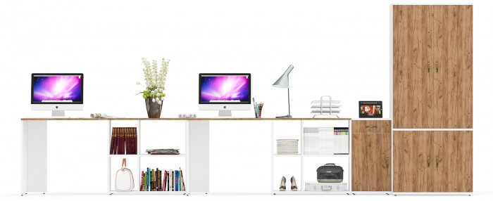 Лидер-8 Стол + Стол + Шкаф МД 19Б + Тумба МД 3.15, цвет белый шагрень/крафт золото, ШхГхВ 450х50х75/190 или 230х200/50х75/190 см., НЕ ун. сб.