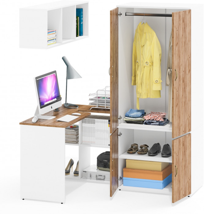 Лидер-8 Стол + Полка + Шкаф МД 19Б, белый шагрень/крафт золото