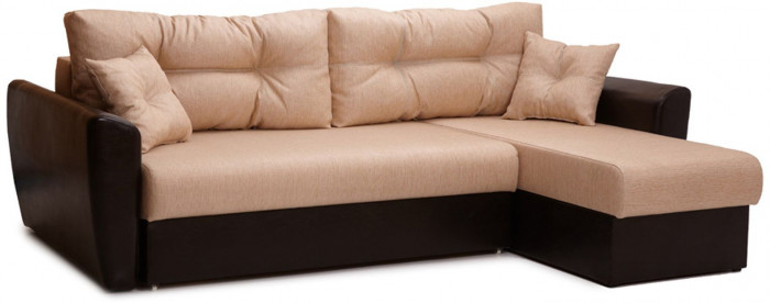 Диван-кровать угловой Амстердам, 160х200, еврокнижка, независимый пружинный блок, рогожка/экокожа, бежево-коричневый