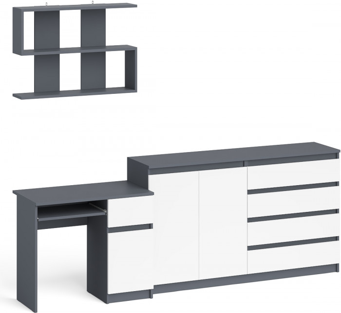 Мори компьютерный стол МС-1 правый + Комод МК1600.1 + Полка 900, графит/белый