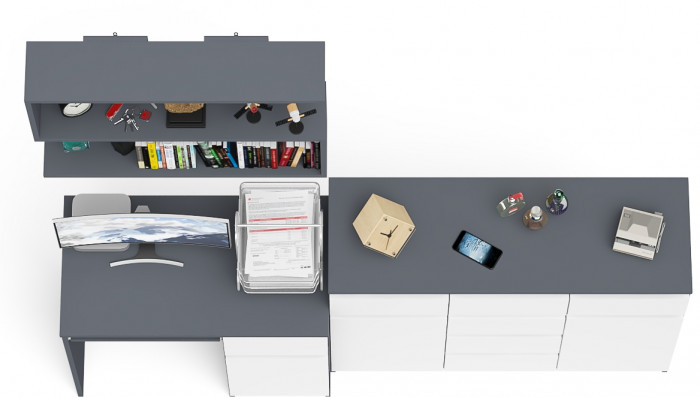 Мори Стол компьютерный МС-1 правый + Комод МК1200.4 + Полка 900, цвет графит/белый, ШхГхВ 210,4х50х209,6 см., НЕ универсальная сборка